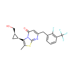 Cc1sc2nc(Cc3cccc(C(F)(F)F)c3F)cc(=O)n2c1[C@H]1C[C@H]1CO ZINC000653847607