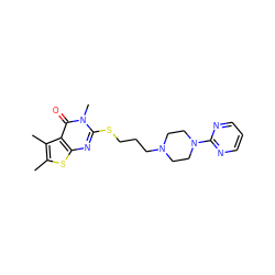 Cc1sc2nc(SCCCN3CCN(c4ncccn4)CC3)n(C)c(=O)c2c1C ZINC000013761034