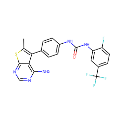 Cc1sc2ncnc(N)c2c1-c1ccc(NC(=O)Nc2cc(C(F)(F)F)ccc2F)cc1 ZINC000013673646