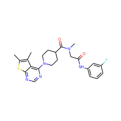 Cc1sc2ncnc(N3CCC(C(=O)N(C)CC(=O)Nc4cccc(F)c4)CC3)c2c1C ZINC000022423923