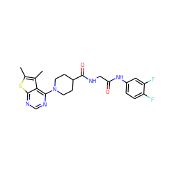 Cc1sc2ncnc(N3CCC(C(=O)NCC(=O)Nc4ccc(F)c(F)c4)CC3)c2c1C ZINC000010995408