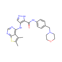 Cc1sc2ncnc(Nc3cn[nH]c3C(=O)Nc3ccc(CN4CCOCC4)cc3)c2c1C ZINC000205806423