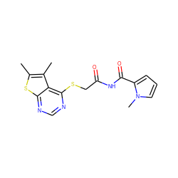 Cc1sc2ncnc(SCC(=O)NC(=O)c3cccn3C)c2c1C ZINC000003355481