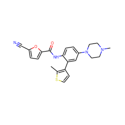 Cc1sccc1-c1cc(N2CCN(C)CC2)ccc1NC(=O)c1ccc(C#N)o1 ZINC000029047311