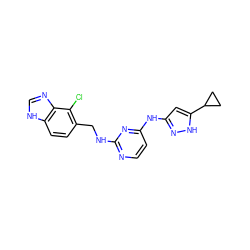 Clc1c(CNc2nccc(Nc3cc(C4CC4)[nH]n3)n2)ccc2[nH]cnc12 ZINC000220661327