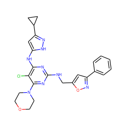 Clc1c(Nc2cc(C3CC3)n[nH]2)nc(NCc2cc(-c3ccccc3)no2)nc1N1CCOCC1 ZINC000117130952