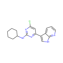 Clc1cc(-c2c[nH]c3ncccc23)nc(NC2CCCCC2)n1 ZINC000063298159