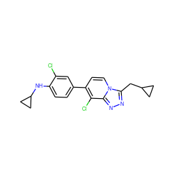 Clc1cc(-c2ccn3c(CC4CC4)nnc3c2Cl)ccc1NC1CC1 ZINC000114488926