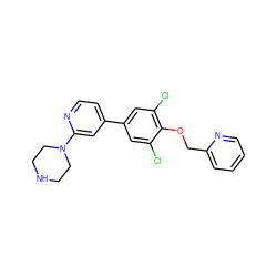 Clc1cc(-c2ccnc(N3CCNCC3)c2)cc(Cl)c1OCc1ccccn1 ZINC001772594142