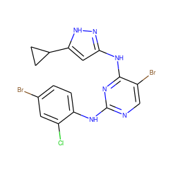 Clc1cc(Br)ccc1Nc1ncc(Br)c(Nc2cc(C3CC3)[nH]n2)n1 ZINC000203007010