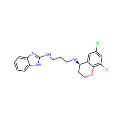 Clc1cc(Cl)c2c(c1)[C@H](NCCCNc1nc3ccccc3[nH]1)CCO2 ZINC000045228446