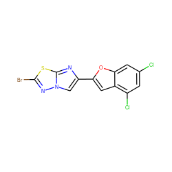 Clc1cc(Cl)c2cc(-c3cn4nc(Br)sc4n3)oc2c1 ZINC000653677676