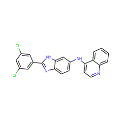 Clc1cc(Cl)cc(-c2nc3ccc(Nc4ccnc5ccccc45)cc3[nH]2)c1 ZINC000299824033