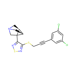 Clc1cc(Cl)cc(C#CCSc2nsnc2C23CN4C[C@H]2[C@H]3C4)c1 ZINC000013798056