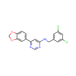 Clc1cc(Cl)cc(CNc2cc(-c3ccc4c(c3)OCO4)ncn2)c1 ZINC000095755478