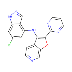 Clc1cc(Nc2c(-c3ncccn3)oc3cnccc23)c2cn[nH]c2c1 ZINC000066079410