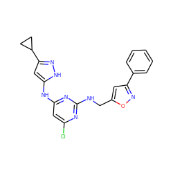 Clc1cc(Nc2cc(C3CC3)n[nH]2)nc(NCc2cc(-c3ccccc3)no2)n1 ZINC000038215892