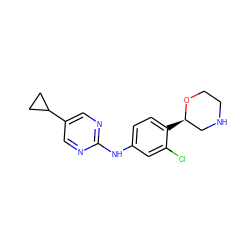 Clc1cc(Nc2ncc(C3CC3)cn2)ccc1[C@@H]1CNCCO1 ZINC000149954597