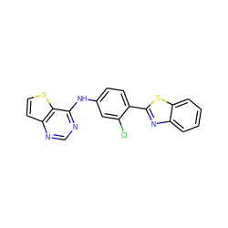 Clc1cc(Nc2ncnc3ccsc23)ccc1-c1nc2ccccc2s1 ZINC000040914836