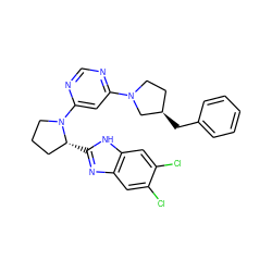 Clc1cc2nc([C@@H]3CCCN3c3cc(N4CC[C@@H](Cc5ccccc5)C4)ncn3)[nH]c2cc1Cl ZINC000082151464