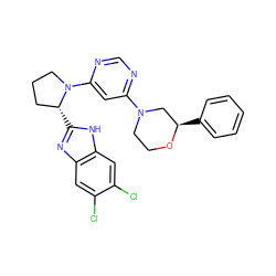 Clc1cc2nc([C@@H]3CCCN3c3cc(N4CCO[C@H](c5ccccc5)C4)ncn3)[nH]c2cc1Cl ZINC000082153327