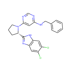 Clc1cc2nc([C@@H]3CCCN3c3cc(NCc4ccccc4)ncn3)[nH]c2cc1Cl ZINC000082154543