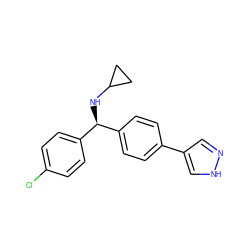 Clc1ccc([C@@H](NC2CC2)c2ccc(-c3cn[nH]c3)cc2)cc1 ZINC000103265781