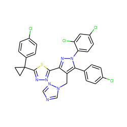 Clc1ccc(-c2c(Cn3cncn3)c(-c3nnc(C4(c5ccc(Cl)cc5)CC4)s3)nn2-c2ccc(Cl)cc2Cl)cc1 ZINC000058592682