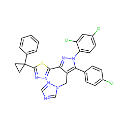 Clc1ccc(-c2c(Cn3cncn3)c(-c3nnc(C4(c5ccccc5)CC4)s3)nn2-c2ccc(Cl)cc2Cl)cc1 ZINC000058581821