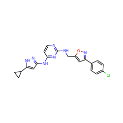 Clc1ccc(-c2cc(CNc3nccc(Nc4cc(C5CC5)[nH]n4)n3)on2)cc1 ZINC000203005563