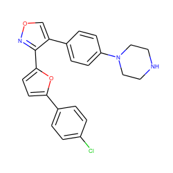 Clc1ccc(-c2ccc(-c3nocc3-c3ccc(N4CCNCC4)cc3)o2)cc1 ZINC000084669670