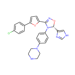 Clc1ccc(-c2ccc(C3=NO[C@H](c4c[nH]cn4)N3c3ccc(N4CCNCC4)cc3)o2)cc1 ZINC000084729216