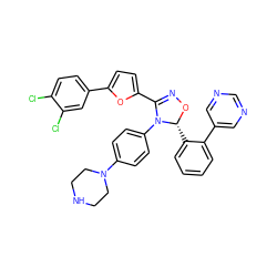 Clc1ccc(-c2ccc(C3=NO[C@H](c4ccccc4-c4cncnc4)N3c3ccc(N4CCNCC4)cc3)o2)cc1Cl ZINC000084653497