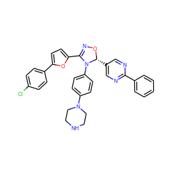 Clc1ccc(-c2ccc(C3=NO[C@H](c4cnc(-c5ccccc5)nc4)N3c3ccc(N4CCNCC4)cc3)o2)cc1 ZINC000084710699