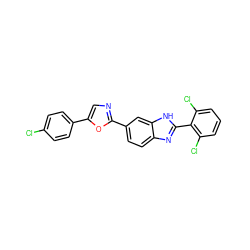 Clc1ccc(-c2cnc(-c3ccc4nc(-c5c(Cl)cccc5Cl)[nH]c4c3)o2)cc1 ZINC000059192397