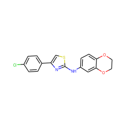 Clc1ccc(-c2csc(Nc3ccc4c(c3)OCCO4)n2)cc1 ZINC000058391771