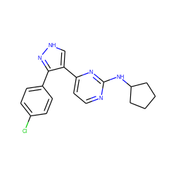 Clc1ccc(-c2n[nH]cc2-c2ccnc(NC3CCCC3)n2)cc1 ZINC000040977029
