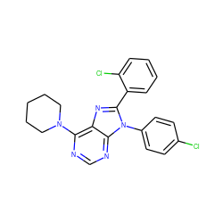 Clc1ccc(-n2c(-c3ccccc3Cl)nc3c(N4CCCCC4)ncnc32)cc1 ZINC000040972721