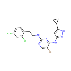 Clc1ccc(CCNc2ncc(Br)c(Nc3cc(C4CC4)[nH]n3)n2)c(Cl)c1 ZINC000203006599