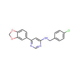 Clc1ccc(CNc2cc(-c3ccc4c(c3)OCO4)ncn2)cc1 ZINC000095755477