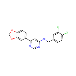 Clc1ccc(CNc2cc(-c3ccc4c(c3)OCO4)ncn2)cc1Cl ZINC000095755472