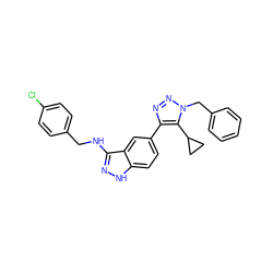 Clc1ccc(CNc2n[nH]c3ccc(-c4nnn(Cc5ccccc5)c4C4CC4)cc23)cc1 ZINC000147046965