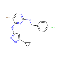 Clc1ccc(CNc2ncc(Br)c(Nc3cc(C4CC4)[nH]n3)n2)cc1 ZINC000040392880