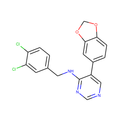 Clc1ccc(CNc2ncncc2-c2ccc3c(c2)OCO3)cc1Cl ZINC000095755474