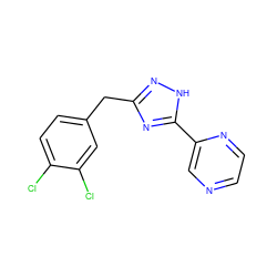 Clc1ccc(Cc2n[nH]c(-c3cnccn3)n2)cc1Cl ZINC000013589634