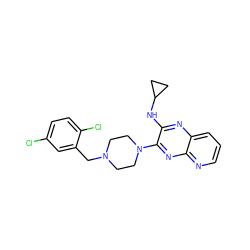 Clc1ccc(Cl)c(CN2CCN(c3nc4ncccc4nc3NC3CC3)CC2)c1 ZINC000653674074