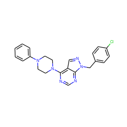 Clc1ccc(Cn2ncc3c(N4CCN(c5ccccc5)CC4)ncnc32)cc1 ZINC000006719376