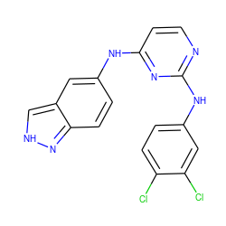 Clc1ccc(Nc2nccc(Nc3ccc4n[nH]cc4c3)n2)cc1Cl ZINC000653886932