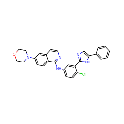 Clc1ccc(Nc2nccc3cc(N4CCOCC4)ccc23)cc1-c1ncc(-c2ccccc2)[nH]1 ZINC000095575591