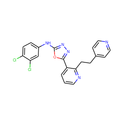 Clc1ccc(Nc2nnc(-c3cccnc3CCc3ccncc3)o2)cc1Cl ZINC000014946605